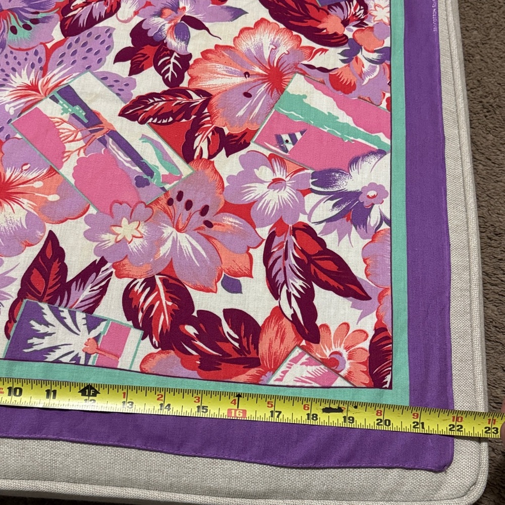 Vintage Cotton Blend Tropical Print Scarf-21x22-Purple/Pink/Turquoise - Picture 9 of 11